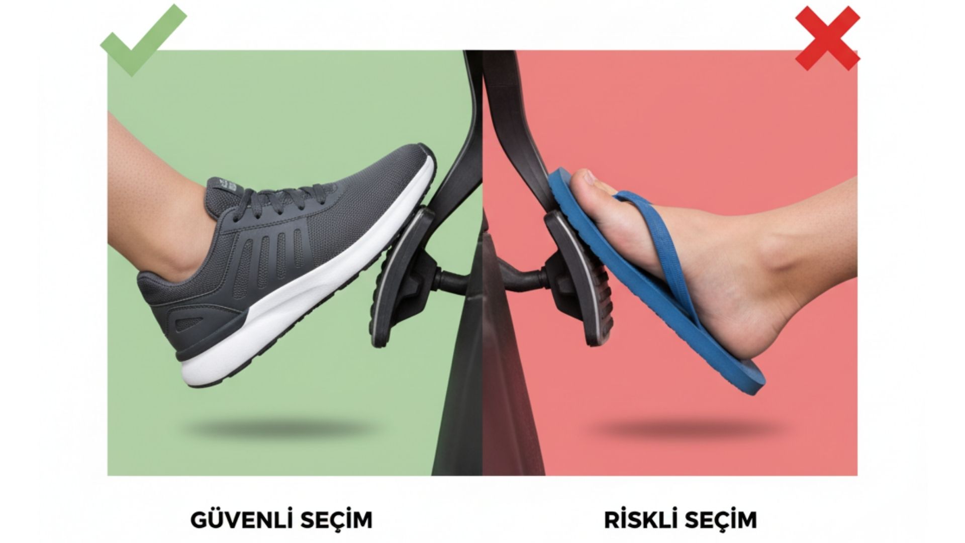 Güvenli sürüş için doğru ayakkabı ve terlikle araba kullanmanın riski karşılaştırması